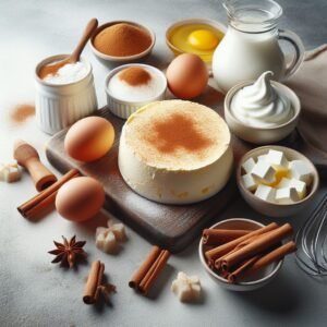 Queso crema, azúcar, huevos, esencia de vainilla, Sour Cream, y canela en polvo